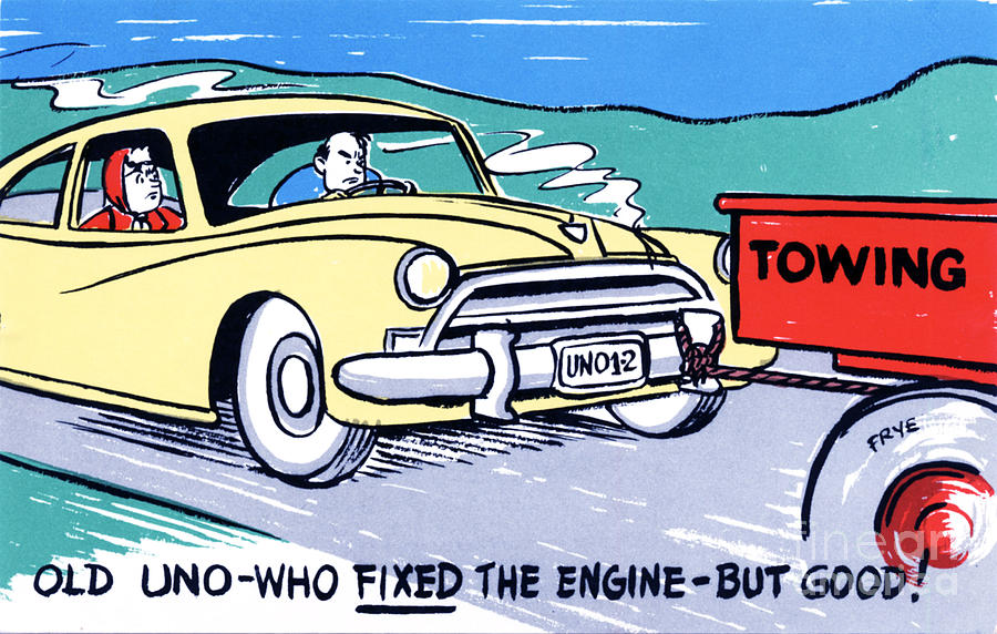 Vintage Cartoon Drawing - Old uno-who fixed the engine - but good by Eldon Frye