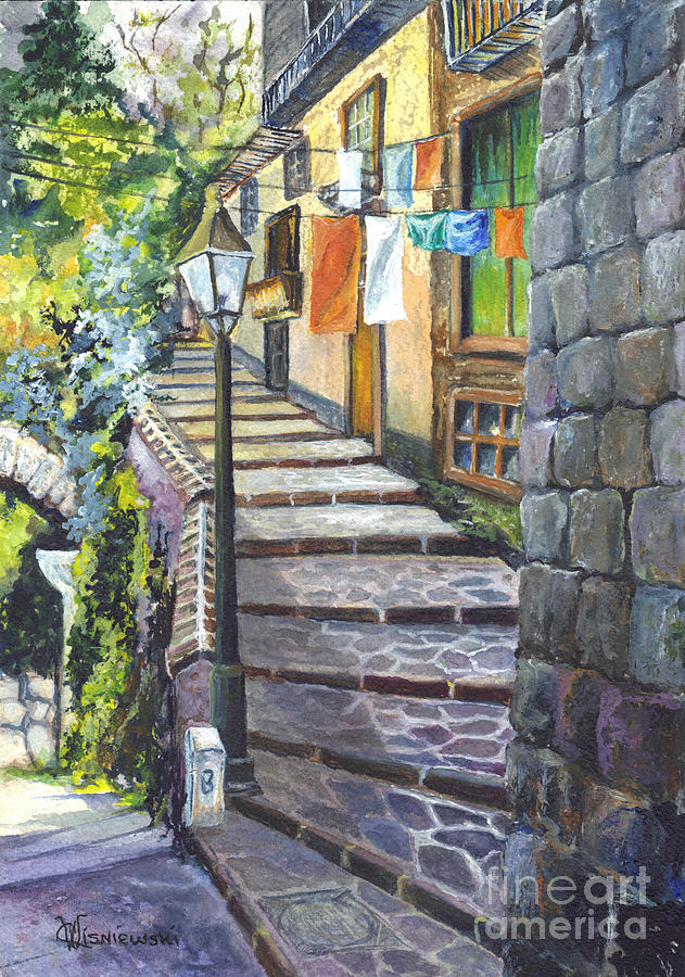 Old Village Stairs - in Tuscany Italy Painting by Carol Wisniewski