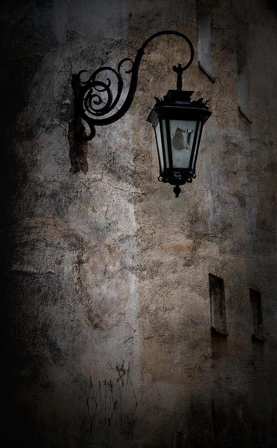Old vintage street lantern on the textured wall Photograph by Jaroslaw Blaminsky