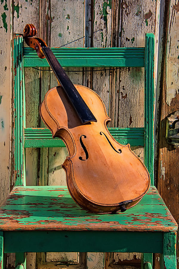 Violin Photograph - Old violin on green chair by Garry Gay