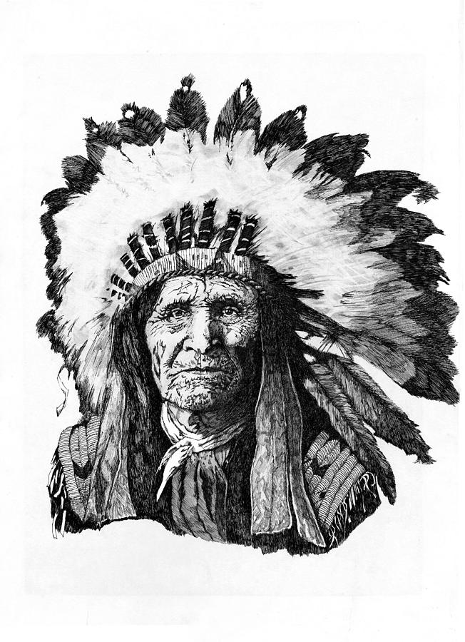 Indian Chief Drawing - Old Warrior by James Silk