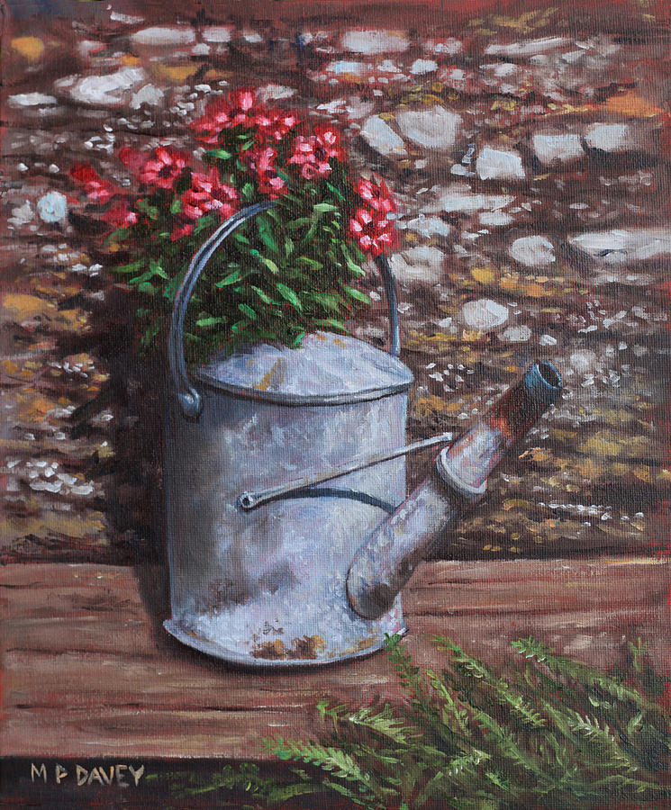 Flower Painting - Old watering can with flowers by stone wall by Martin Davey