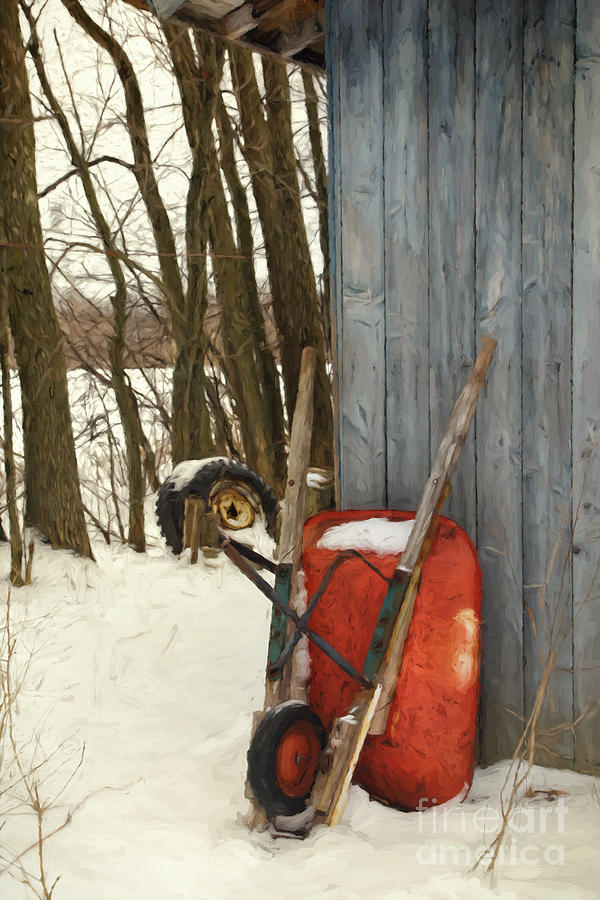 Winter Photograph - Old wheelbarrow leaning against barn/ Digital Painting by Sandra Cunningham