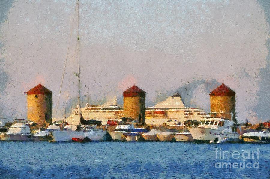 Greek Painting - Old windmills and cruise ship by George Atsametakis