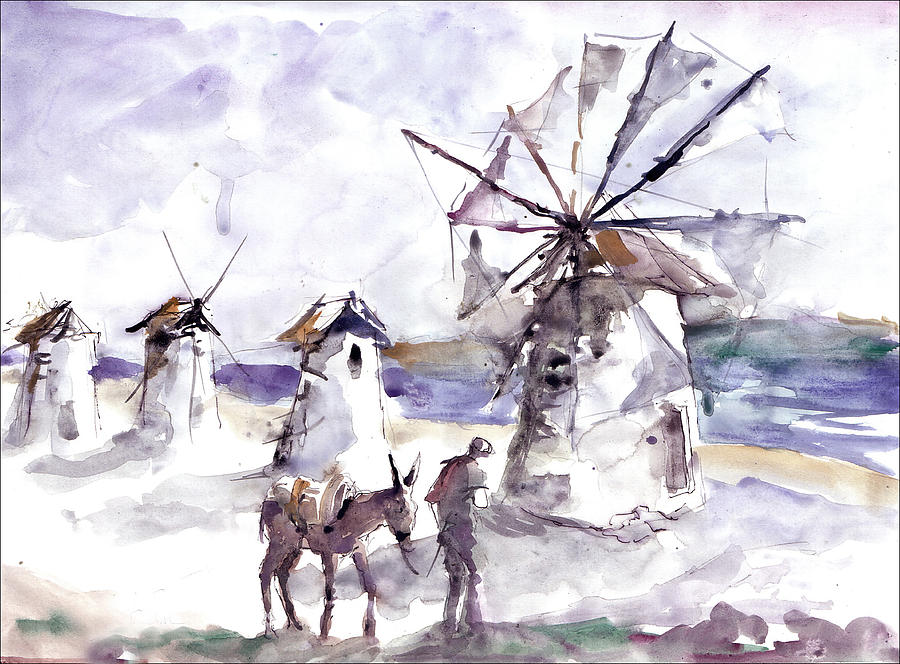 Old windmills at Bodrum Painting by Faruk Koksal