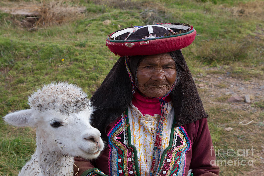 Old woman and Alpaca Photograph by Dan Hartford
