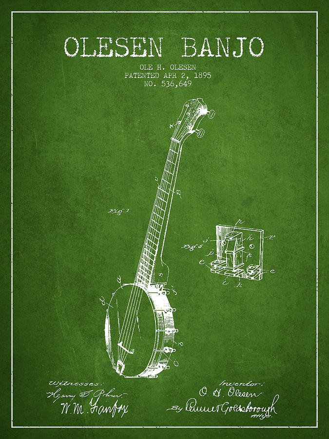 Music Digital Art - Olesen Banjo Patent Drawing From 1895 - Green by Aged Pixel