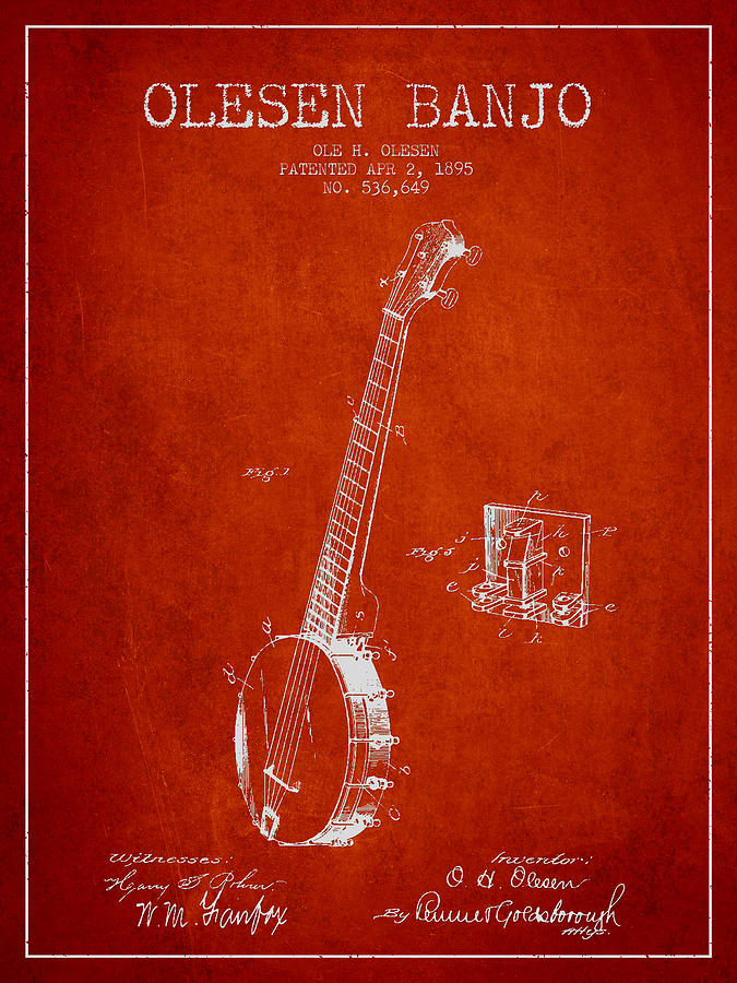 Music Digital Art - Olesen Banjo Patent Drawing From 1895 - Red by Aged Pixel