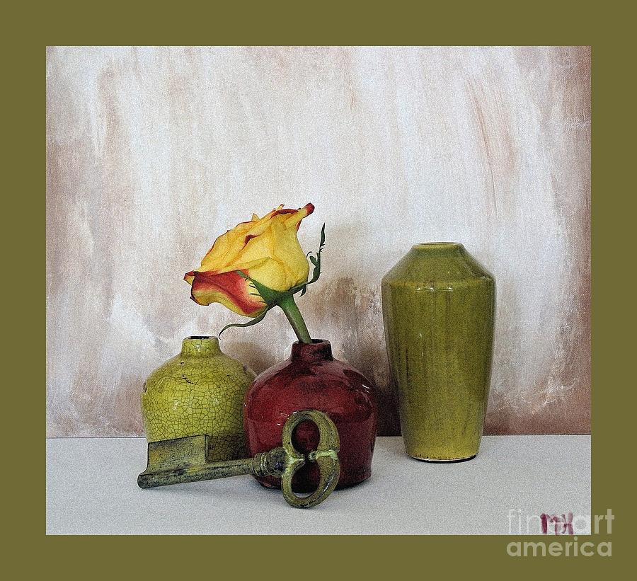 Rose Photograph - Olive Green Vases Key and Yellow Rose by Marsha Heiken