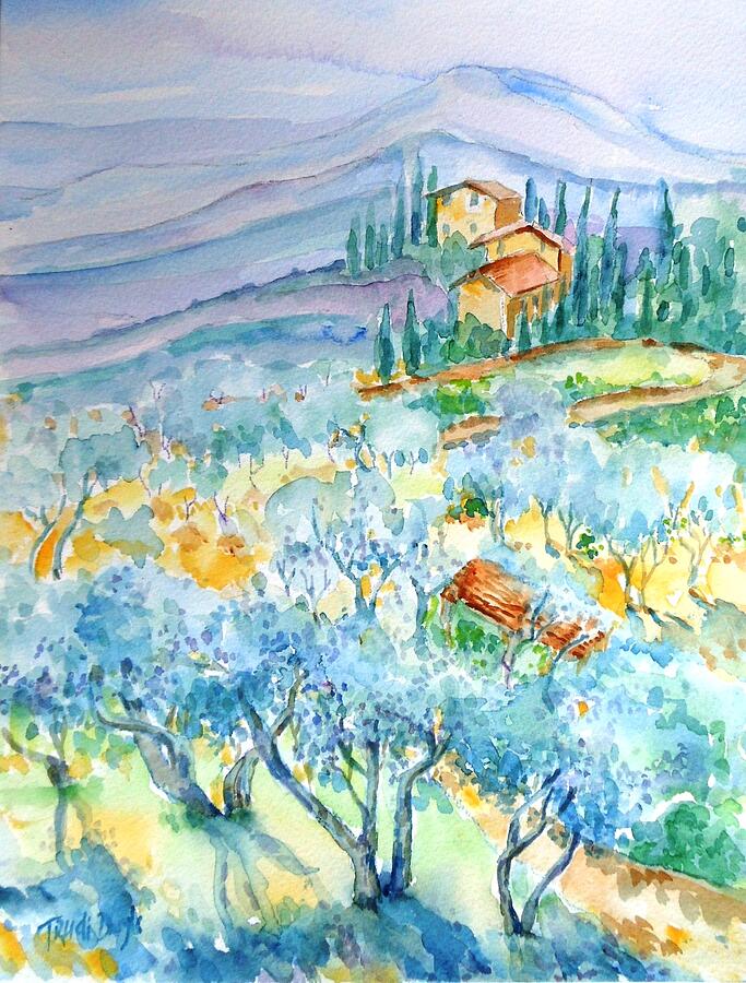 Birde Eye Vew of Olive Groves of Cozille Tuscany  Painting by Trudi Doyle