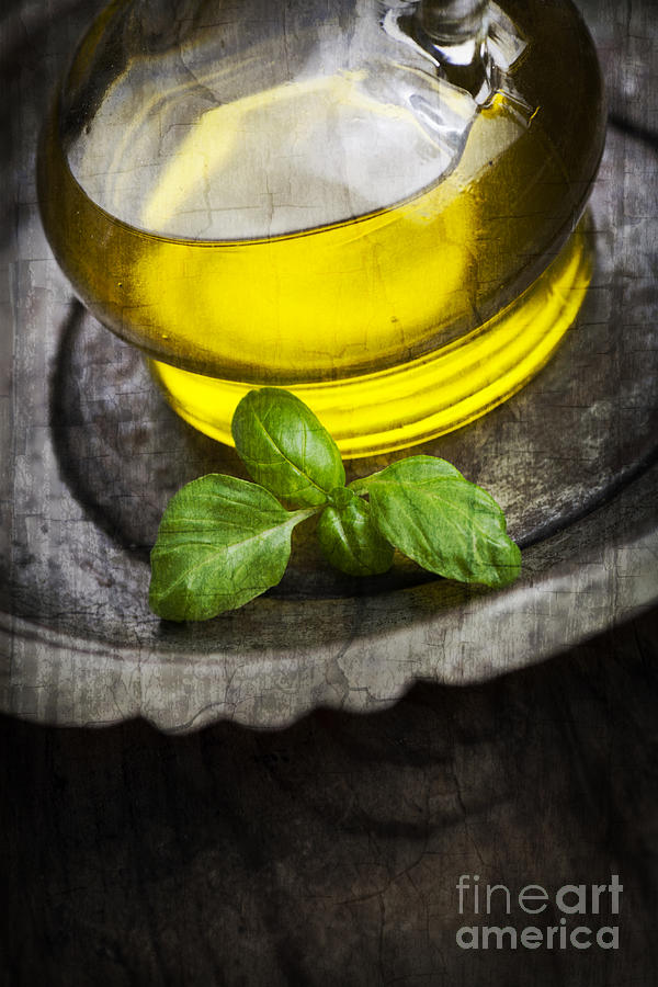 Nature Photograph - Olive oil and basil by Mythja Photography