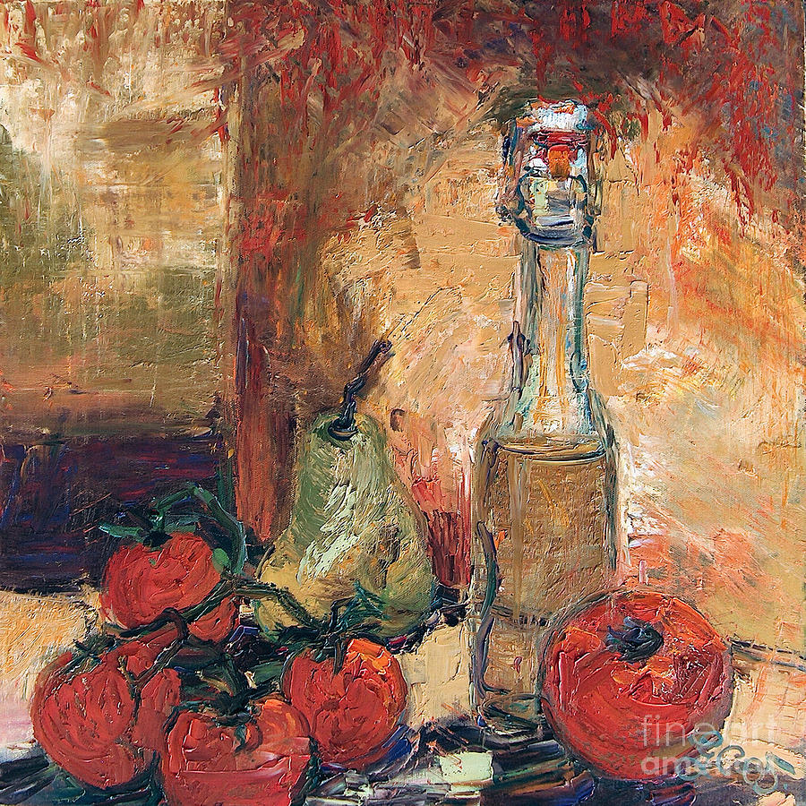 Olive Oil Tomato and Pear Still Life Painting by Ginette Callaway Olive Oil Tomato and Pear Still Life Painting by Ginette Callaway