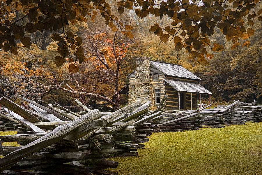 Olivers Log Cabin during fall in the Great Smoky Mountains Photograph by Randall Nyhof