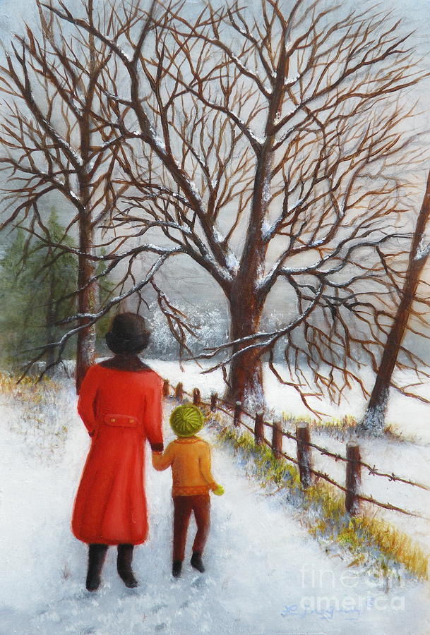 Winterscape Painting - On a Wintry Walk with Gran by Lora Duguay