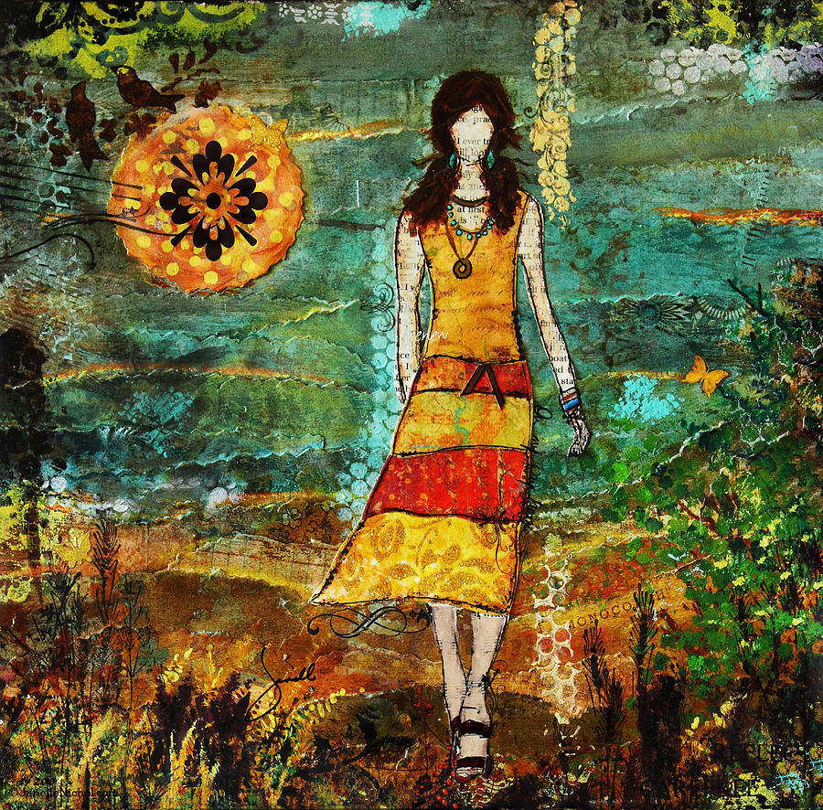 On My Way Home Unique Abstract Folk Art painting Mixed Media by