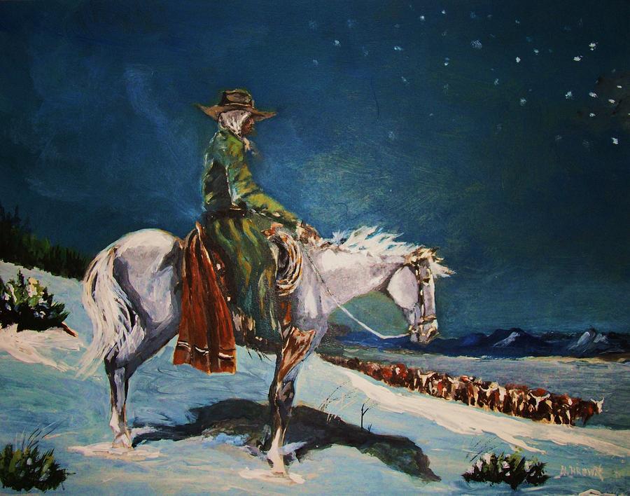 On Night Herd in Winter Painting by Al Brown