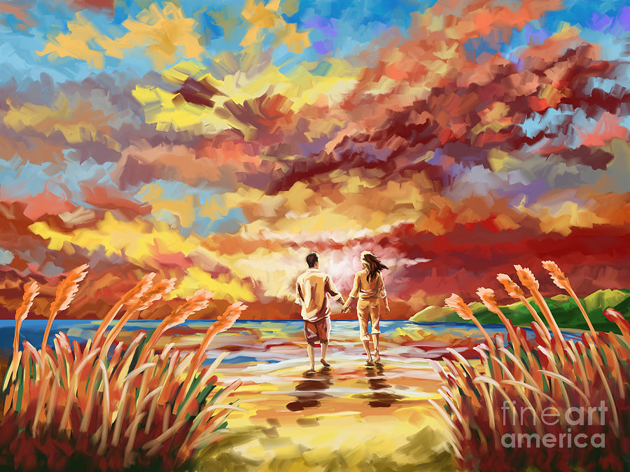 On the beach at sunset Painting by Tim Gilliland