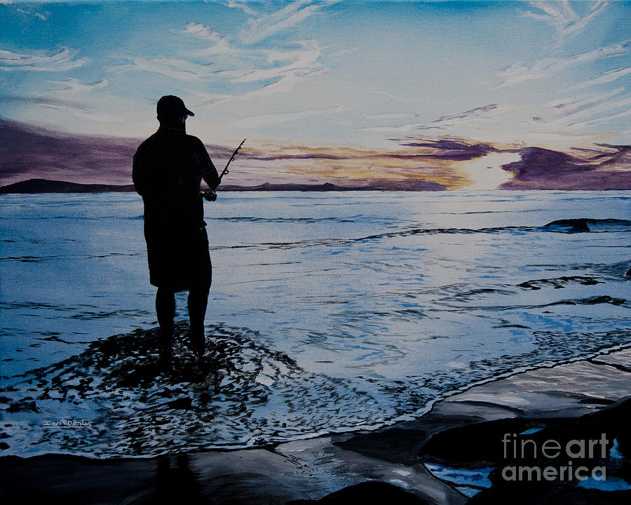On the Beach Fishing at Sunset Painting by Ian Donley