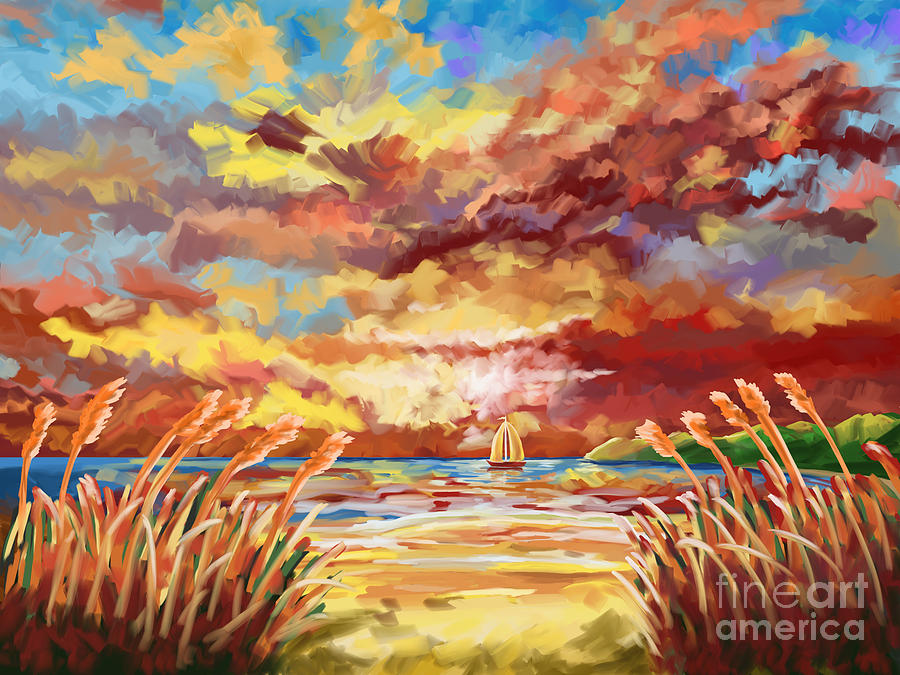 Sunset Painting - On The Beach With Bout Seagrass by Tim Gilliland