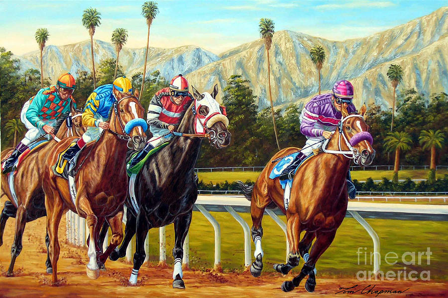 In the Stretch at Santa Anita Painting by Tom Chapman