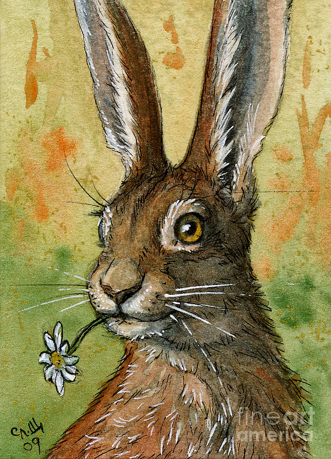 One daisy for you - funny rabbits Painting by Svetlana Ledneva-Schukina