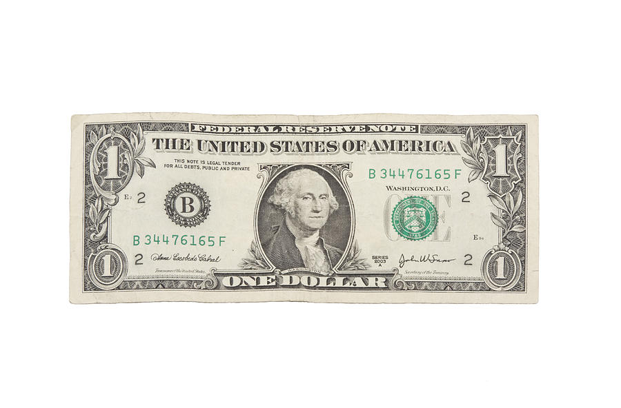 One Dollar Bill On White Background Photograph by Keith Webber Jr