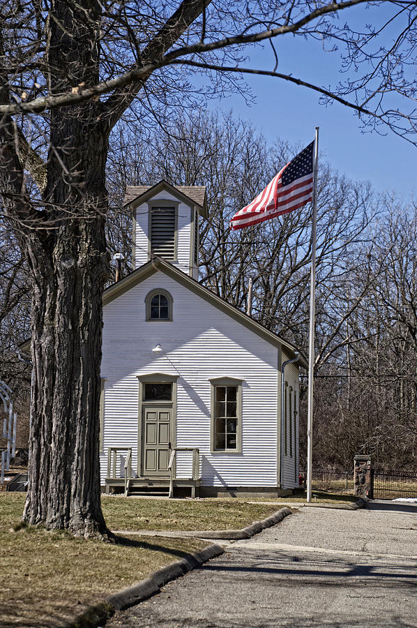 Tree Photograph - One Room School House with USA Flag by Thomas Woolworth