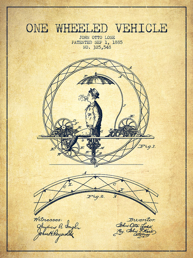One Wheeled Vehicle Patent Drawing From 1885 - Vintage Digital Art