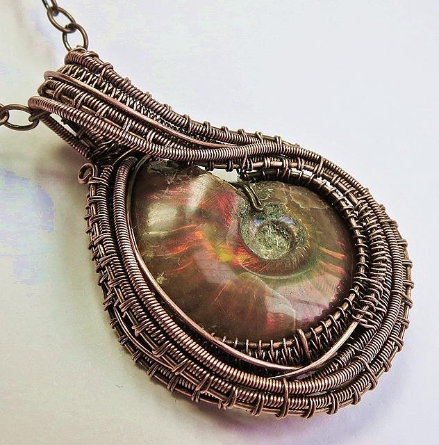 Opalized Iridescent Ammonite Fossil and Antiqued Copper Wire Wrapped ...