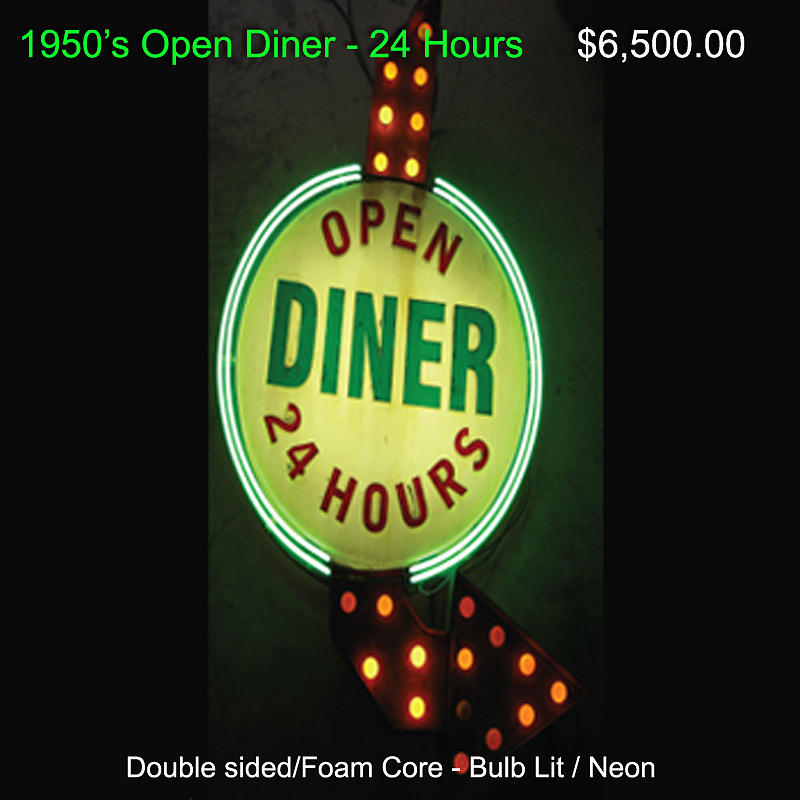 Neon Glass Art - Open 24 Hours DINER Neon-Bulb Lit Sign by Vintage 1950s
