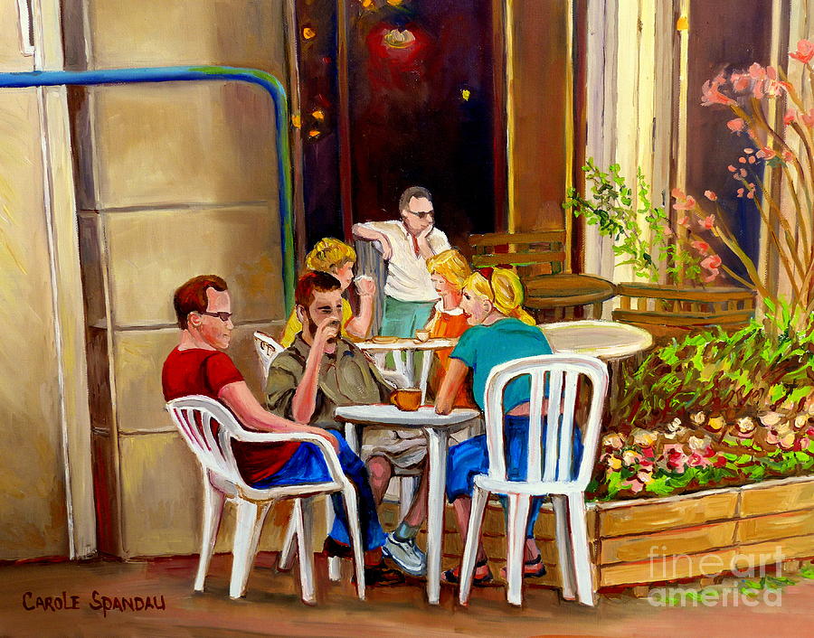 City Scene Painting - Open Air Cafe Parisian Style Bistro-rue St Denis Montreal Cafe Paintings Carole Spandau by Carole Spandau