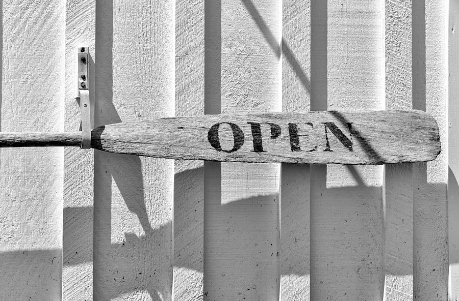Open sign made from a wooden oar Marshall Point Port Clyde Maine Photograph by Marianne Campolongo