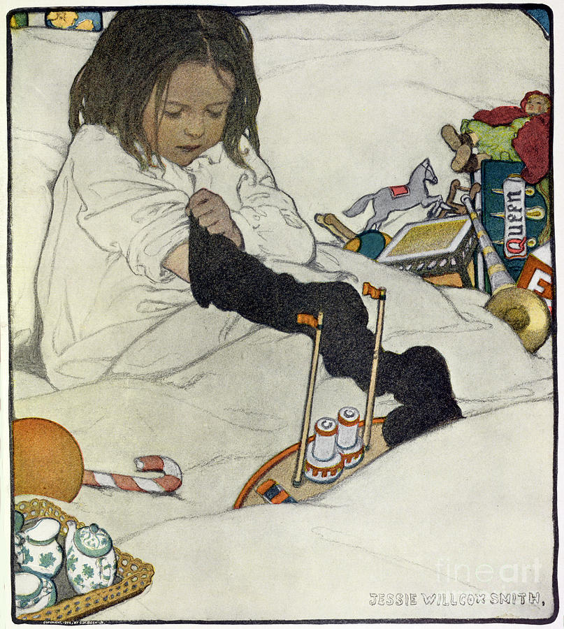 Toy Painting - Opening the Christmas Stocking by Jessie Willcox Smith