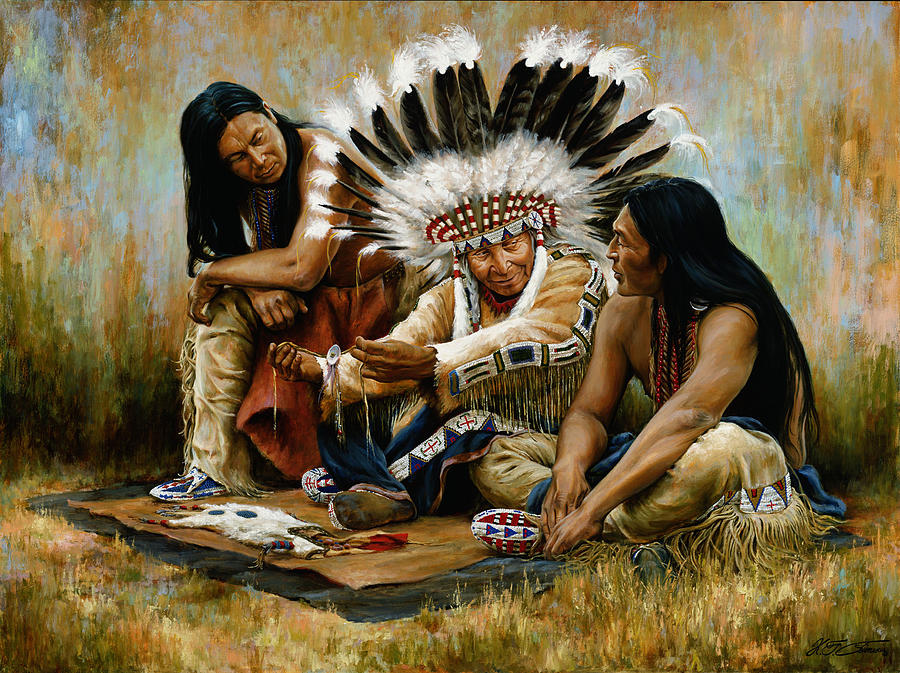 Native American Painting - Opening the Sacred Medicine Bundle by Kirk Stirn...