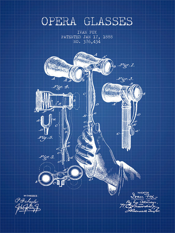 Vintage Digital Art - Opera Glasses Patent from 1888 - Blueprint by Aged Pixel