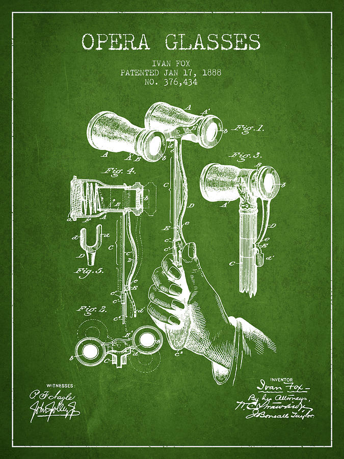 Vintage Digital Art - Opera Glasses Patent from 1888 - Green by Aged Pixel