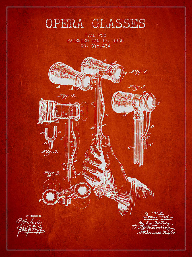 Vintage Digital Art - Opera Glasses Patent from 1888 - Red by Aged Pixel