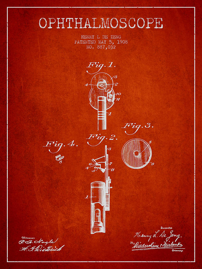 Vintage Digital Art - Ophthalmoscope Patent from 1908 - Red by Aged Pixel