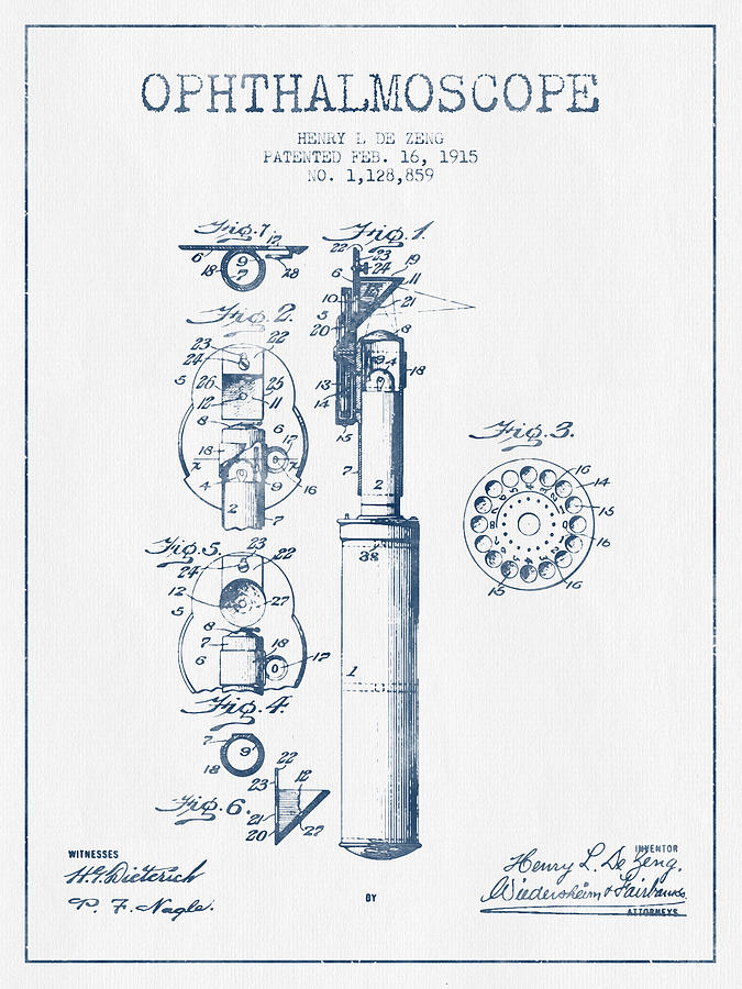Vintage Digital Art - Ophthalmoscope Patent from 1915- Blue Ink by Aged Pixel