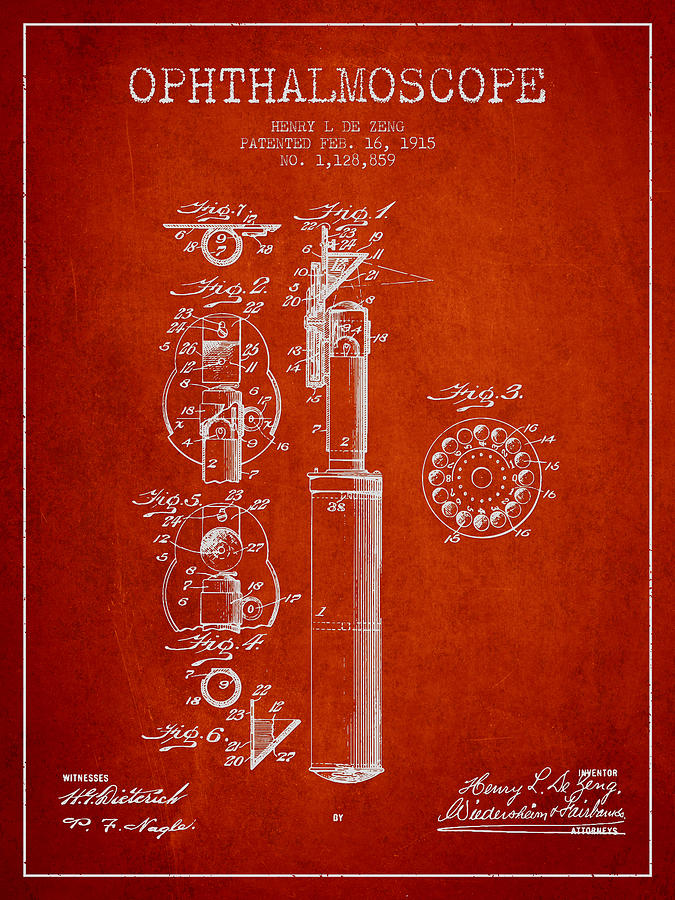 Vintage Digital Art - Ophthalmoscope Patent from 1915 - Red by Aged Pixel