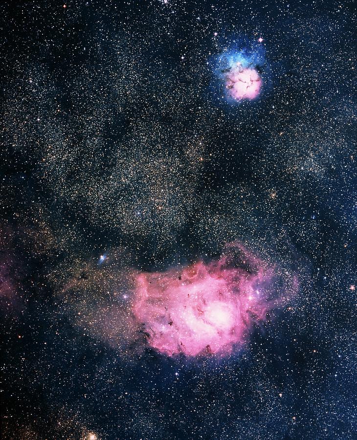 Optical Image Of The Lagoon And Trifid Nebulae Photograph by Royal Observatory, Edinburgh/science Photo Library