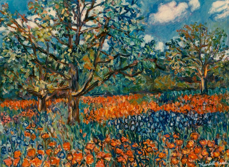 Orange and Blue Flower Field Painting by Kendall Kessler