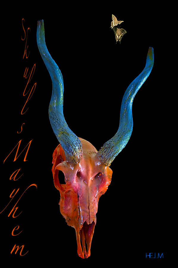 Orange and Blue Illuminating Blackbuck Skull Mixed Media by Mayhem Mediums