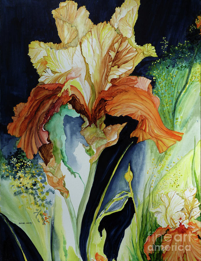 Orange and Yellow Iris Painting by Rachel Lowry