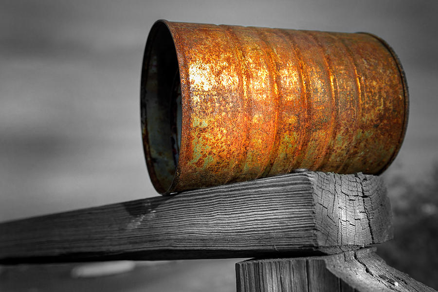 Black And White Photograph - Orange Appeal - Rusty Old Can by Gary Heller