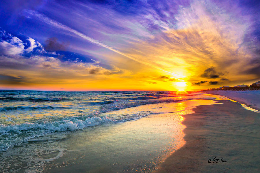Sunset Photograph - Orange Blue Saturated Sunset-Pensacola Beach-Bright Sun by Eszra Tanner