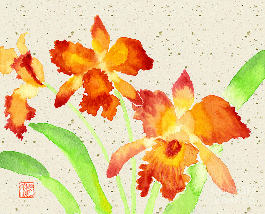 Nature Painting - Orange Cattleya Orchids Watercolor Painting by Beverly Claire Kaiya