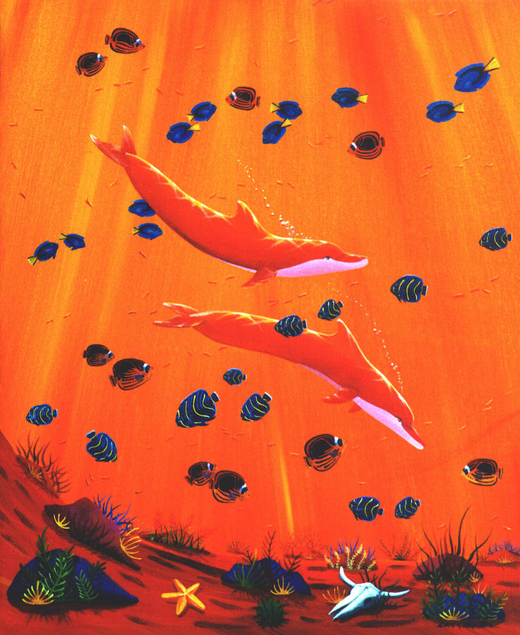 Orange Dolphins Painting by Lance Headlee
