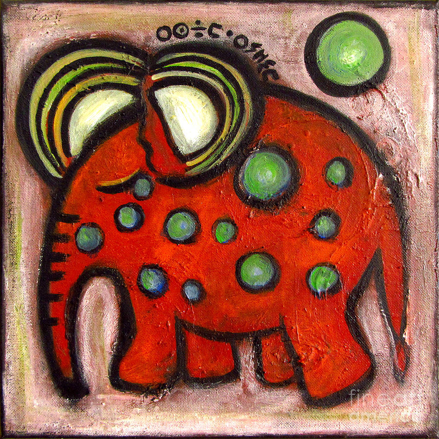 Nature Painting - Orange elephant with green bubbles by Rosemary Lim