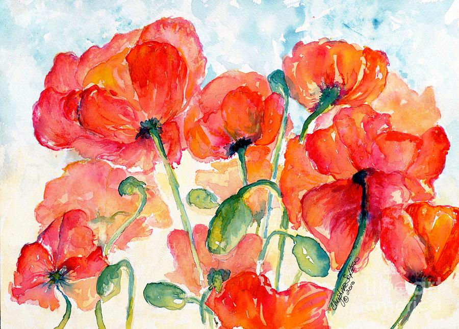 Orange Field Of Poppies Watercolor Painting